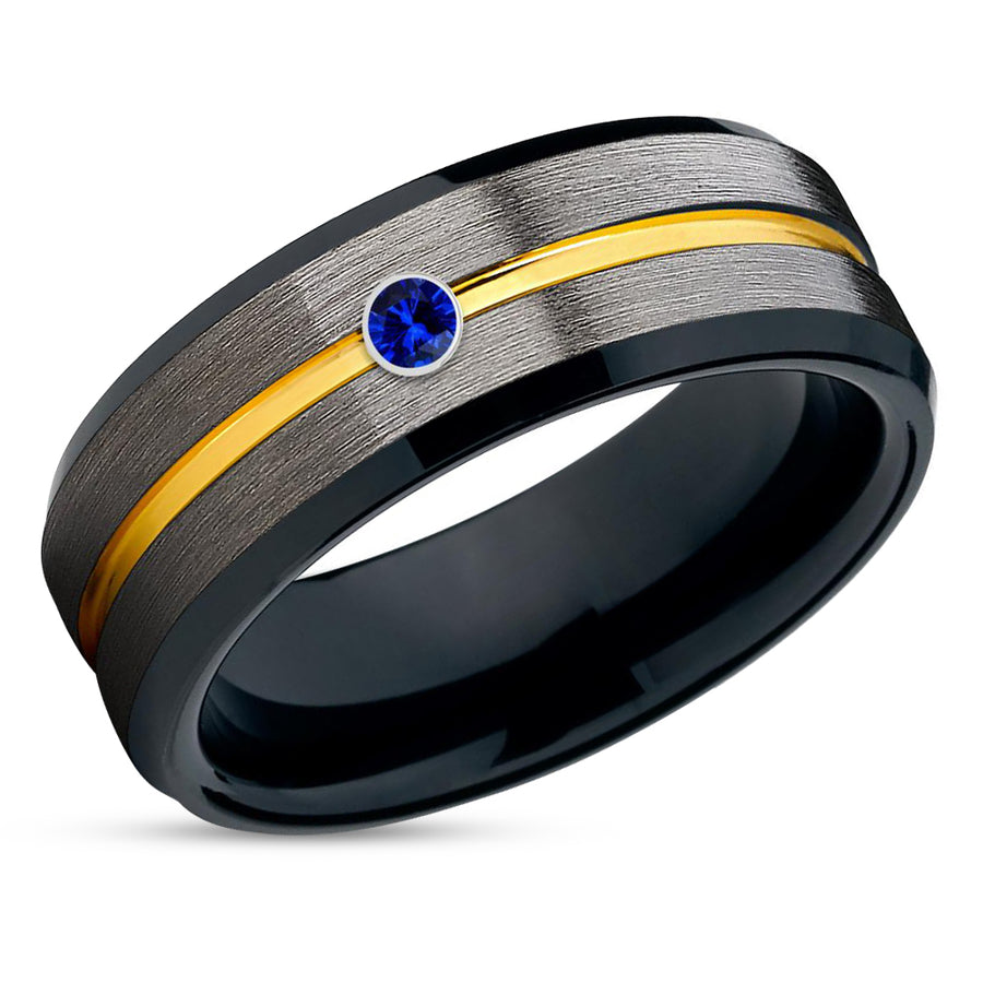 Yellow Gold Tungsten Ring - Black - Blue Sapphire Tungsten Ring - Gunmetal - Black Ring