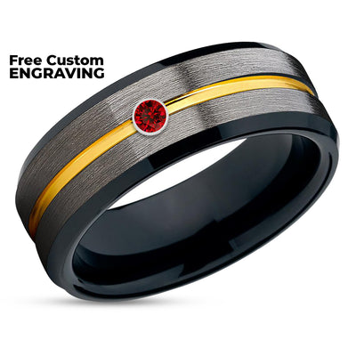 Gunmetal Wedding Ring - Black Tungsten Ring - Ruby Wedding Band - 18k Yellow Gold