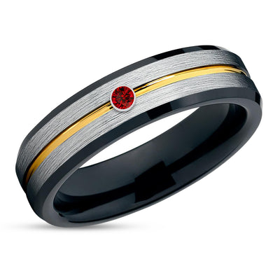 Black Tungsten Wedding Ring - Ruby Wedding Ring - Yellow Gold Wedding Ring - Tungsten Ring