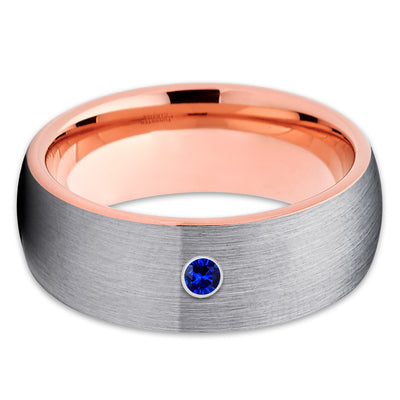 Rose Gold Tungsten Ring - Gray Ring - Blue Sapphire - Tungsten Wedding Band - Clean Casting Jewelry