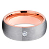 Rose Gold Tungsten Ring - White Diamond Ring - Gray Tungsten Band - Clean Casting Jewelry