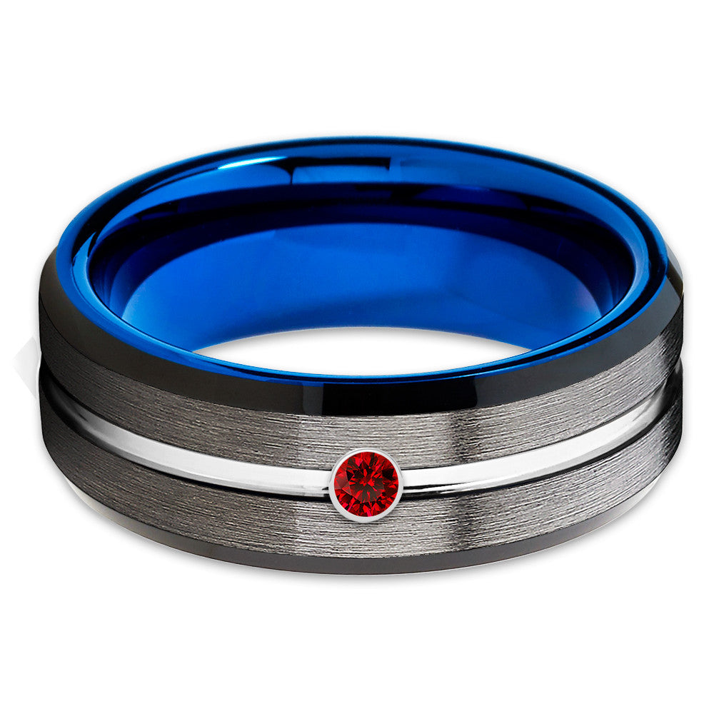 Blue Tungsten Wedding Band - Gunmetal - Blue Tungsten Ring - Ruby Ring - Clean Casting Jewelry