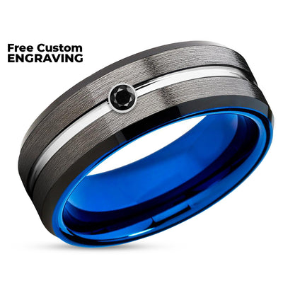 Gunmetal Wedding Ring - Blue Tungsten Ring - Blue Wedding Band - Black Diamond Ring