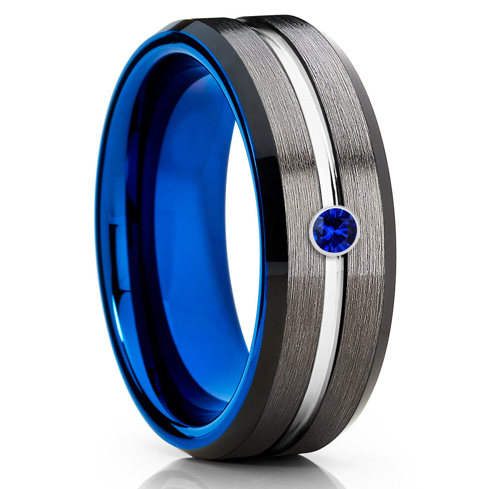 Gray Tungsten Ring - Blue Sapphire Tungsten Ring - Blue Tungsten Ring - Clean Casting Jewelry