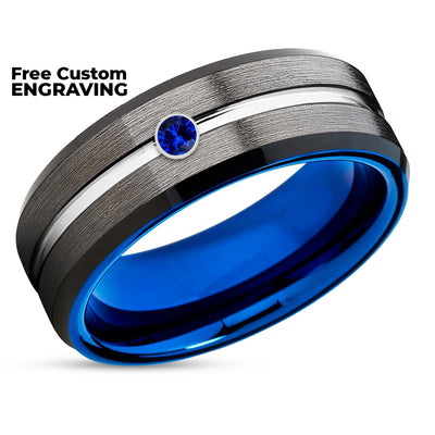 Gunmetal Wedding Ring - Blue Sapphire Ring - Gunmetal Wedding Ring - Wedding Band