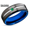 Gunmetal Wedding Ring - Emerald Wedding Ring - Blue Tungsten Ring - Tungsten Wedding Band