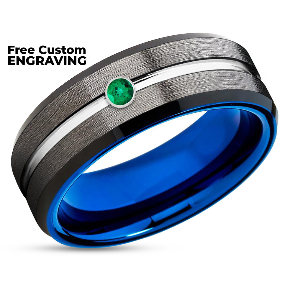Gunmetal Wedding Ring - Emerald Wedding Ring - Blue Tungsten Ring - Tungsten Wedding Band