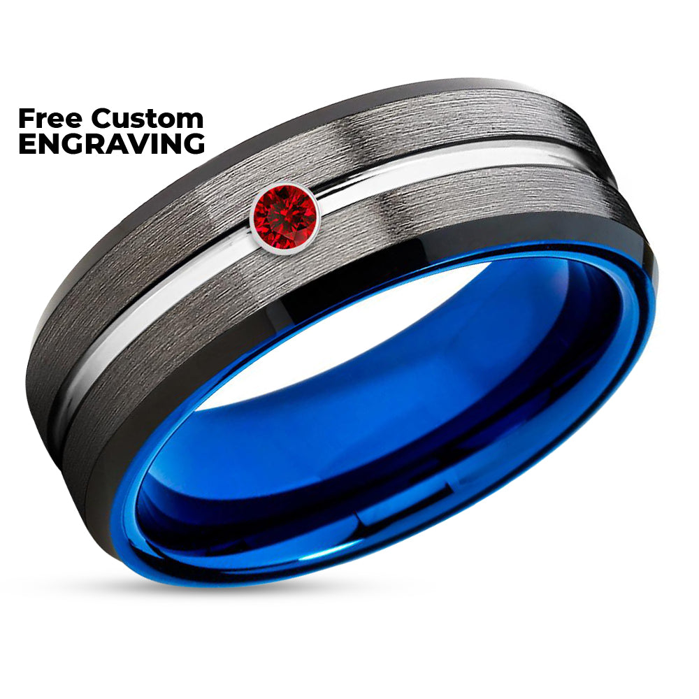 Ruby Wedding Band - Blue Wedding Ring - Gunmetal Tungsten Ring - Wedding Band
