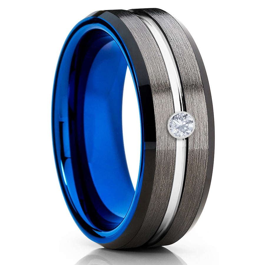 Blue Tungsten Ring - White Diamond Tungsten - Gray Tungsten Ring - Black - Clean Casting Jewelry 