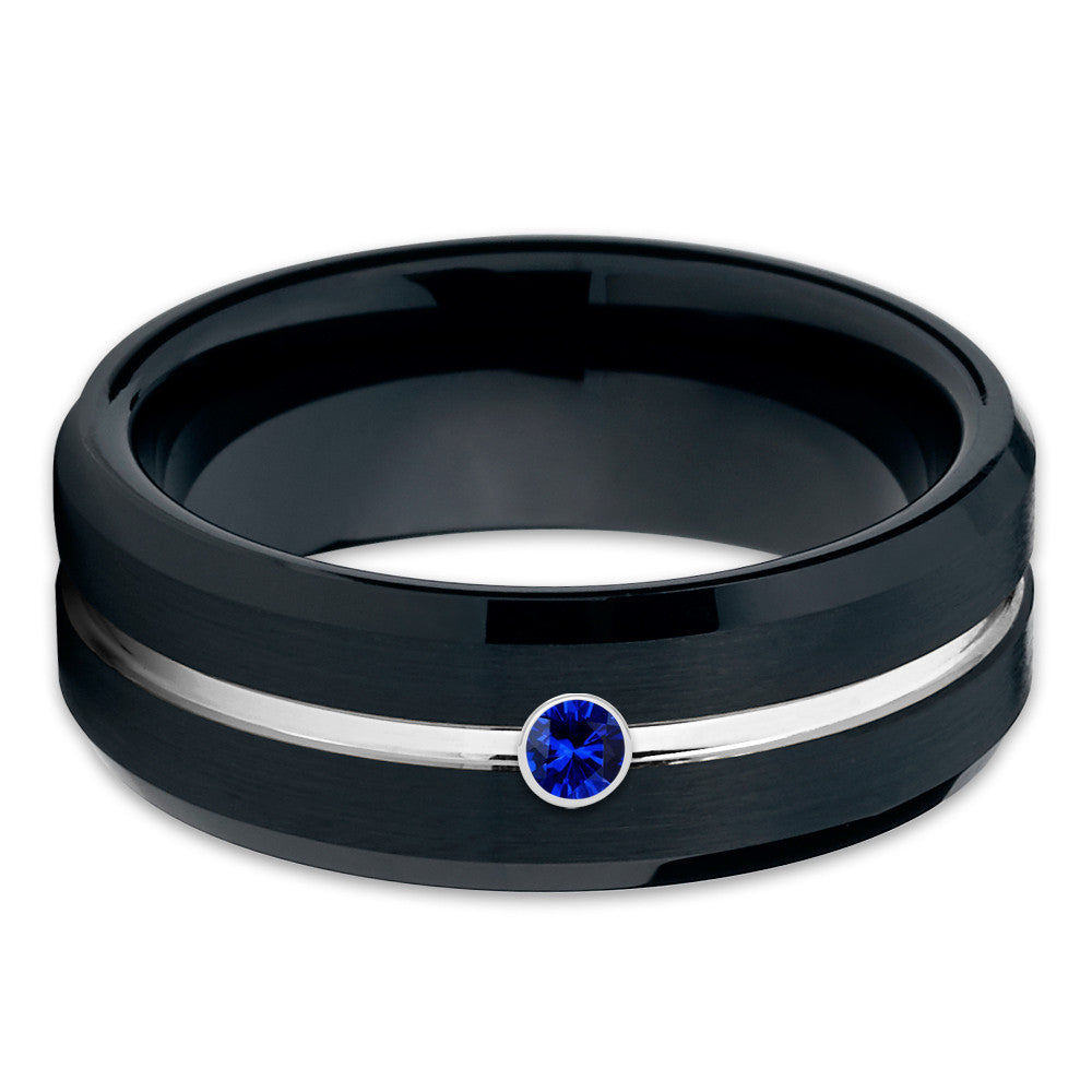 Black Wedding Band - Blue Sapphire - Tungsten Wedding Band - Men's Ring - Clean Casting Jewelry