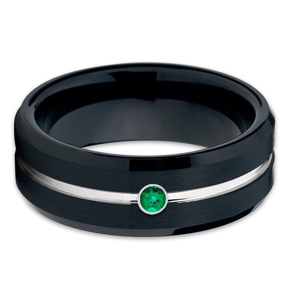 Black Tungsten Ring Emerald Wedding Band Tungsten Carbide 8mm - Clean Casting Jewelry