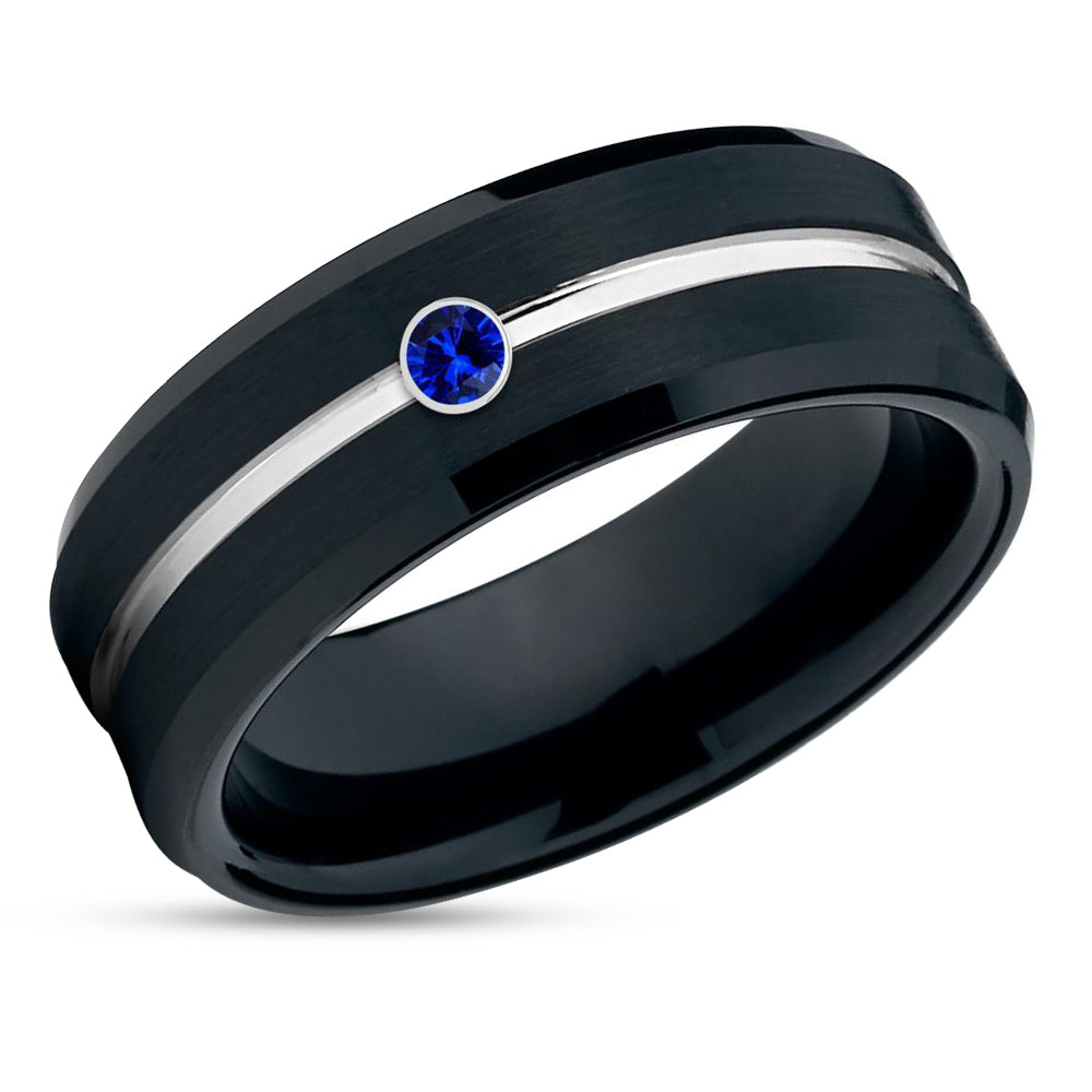 Black Wedding Ring Blue Sapphire Wedding Ring Tungsten Wedding Ring Black Ring