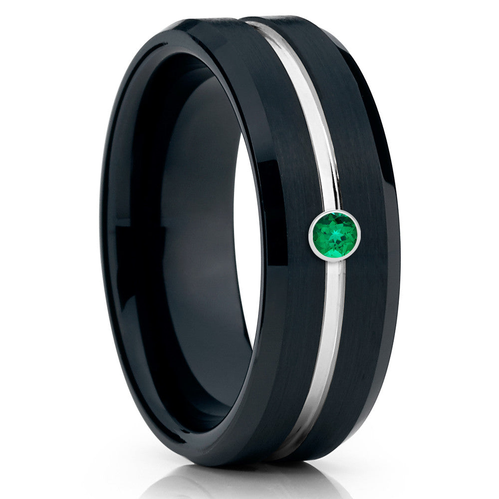 Black Tungsten Ring Emerald Wedding Band Tungsten Carbide 8mm - Clean Casting Jewelry