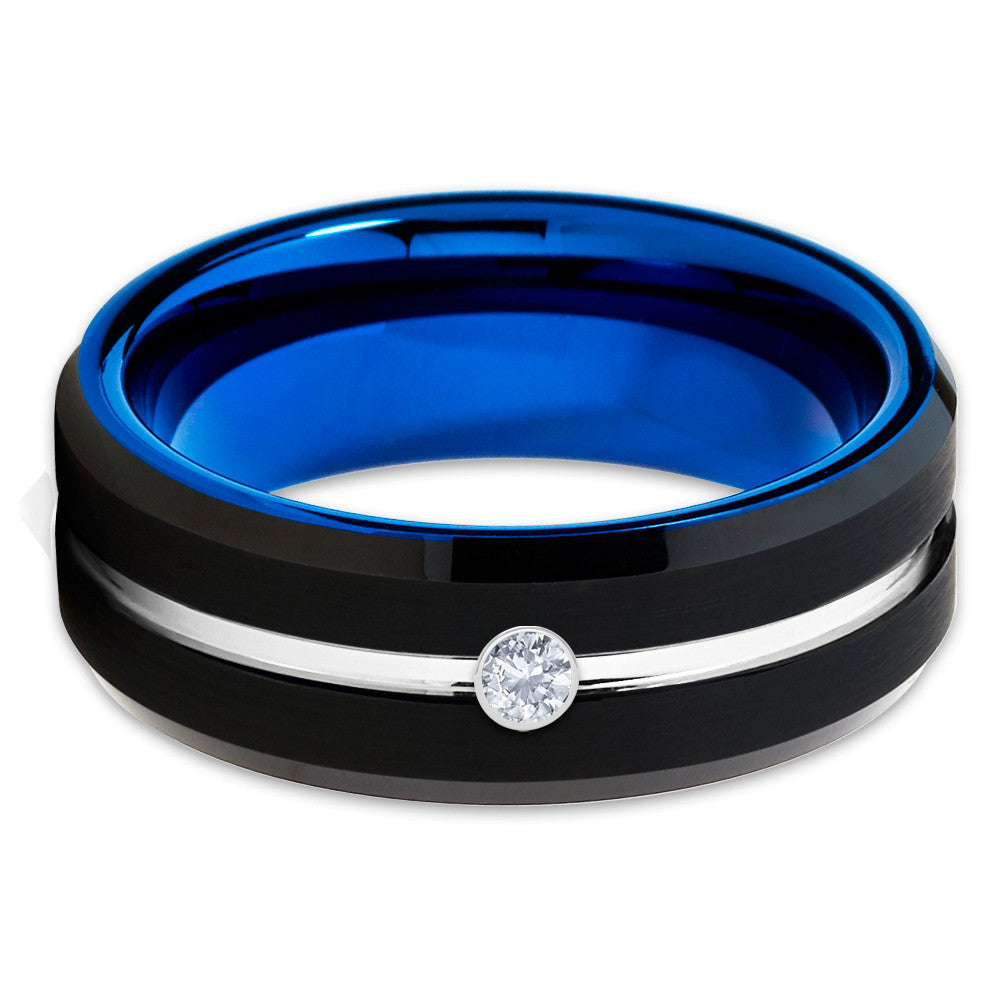 White Diamond Tungsten Ring - Blue Tungsten - Black Tungsten - Brush Ring - Clean Casting Jewelry