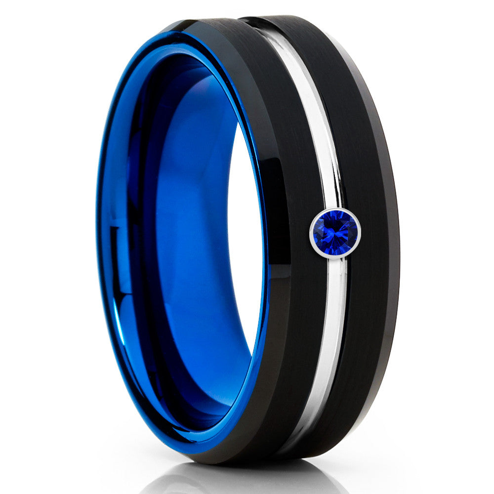 Blue Tungsten Wedding Band - Blue Sapphire - Black - Blue Tungsten Ring - Clean Casting Jewelry