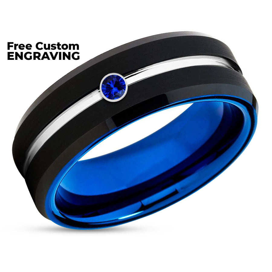 Blue Sapphire Wedding Band - Black Tungsten Ring - Black Wedding Ring - Blue Tungsten