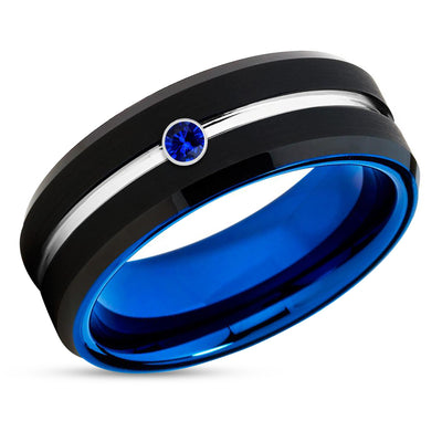 Blue Sapphire Wedding Band - Black Tungsten Ring - Black Wedding Ring - Blue Tungsten