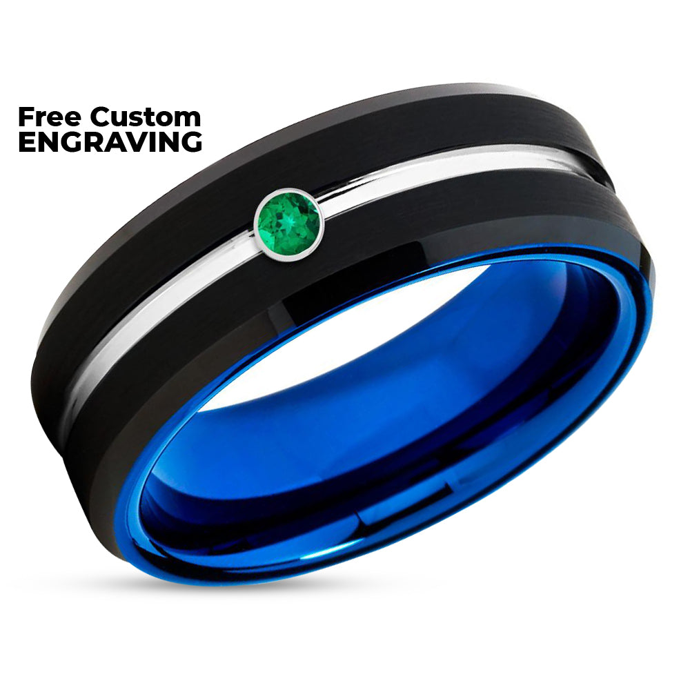 Emerald Tungsten Ring - Blue Tungsten Ring - Emerald Tungsten Band - Black