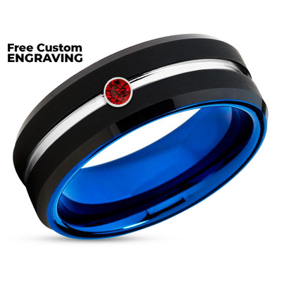 Black Wedding Band - Blue Tungsten Ring - Ruby Wedding Band - Ruby Wedding Band