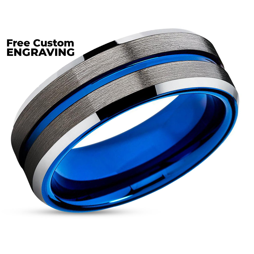 Gunmetal Wedding Ring - Blue Wedding Band - Tungsten Wedding Band - Gunmetal Band