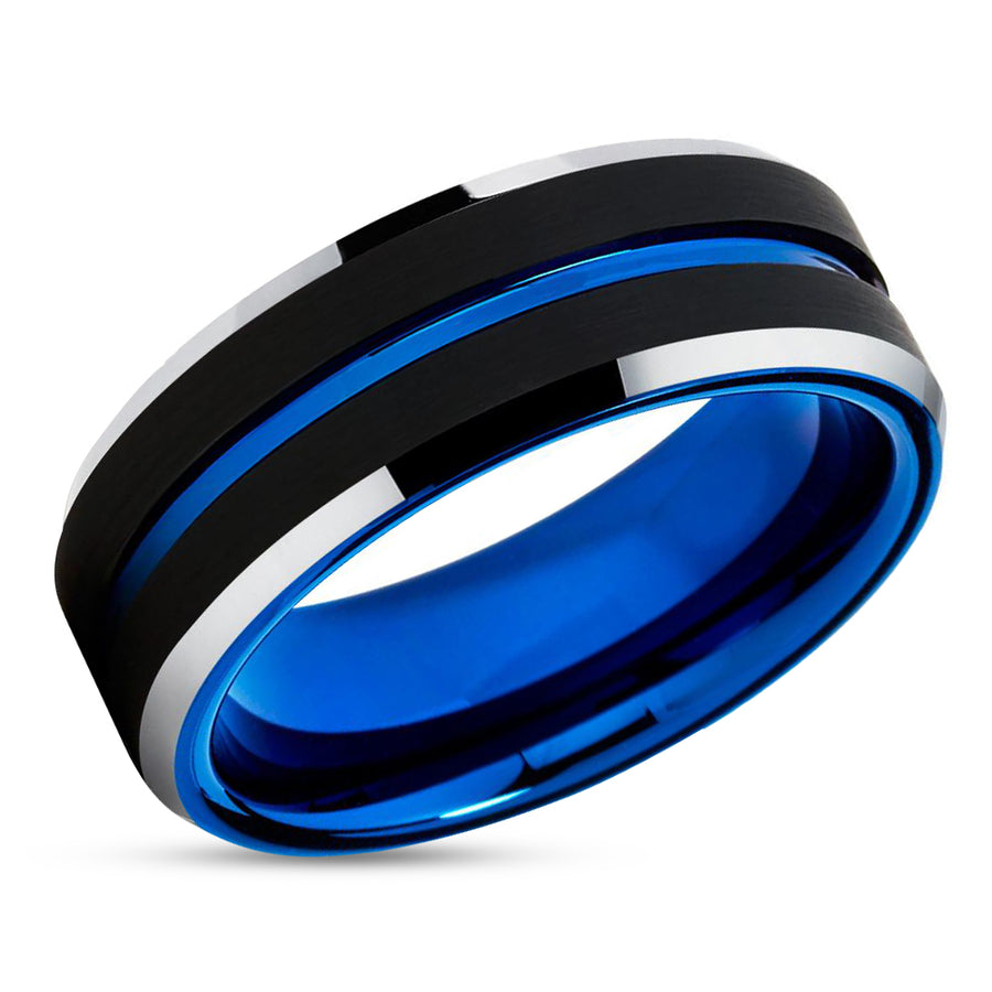 Blue Tungsten Wedding Band - Black Tungsten Ring - Blue Wedding Band - Tungsten Carbide