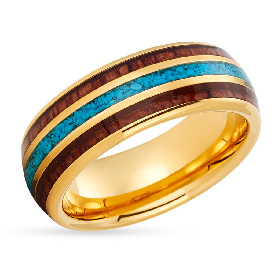 Koa Wood Tungsten Ring - Turquoise Tungsten Ring - Wood Tungsten - Yellow Gold Ring