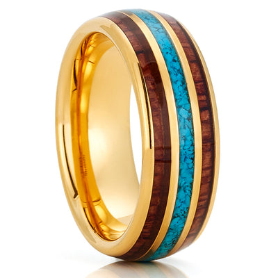Koa Wood Tungsten Ring - Turquoise Tungsten Ring - Wood Tungsten - Yellow Gold Ring