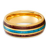 Koa Wood Tungsten Ring - Turquoise Tungsten Ring - Wood Tungsten - Yellow Gold Ring