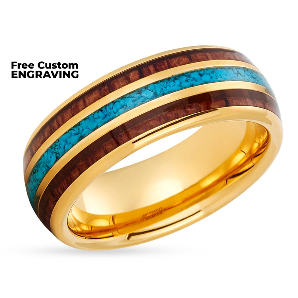 Koa Wood Tungsten Ring - Turquoise Tungsten Ring - Wood Tungsten - Yellow Gold Ring