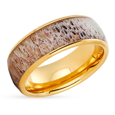 Antler Wedding Ring - Deer Antler Ring - Yellow Gold Wedding Ring - Tungsten Wedding Ring - 8mm