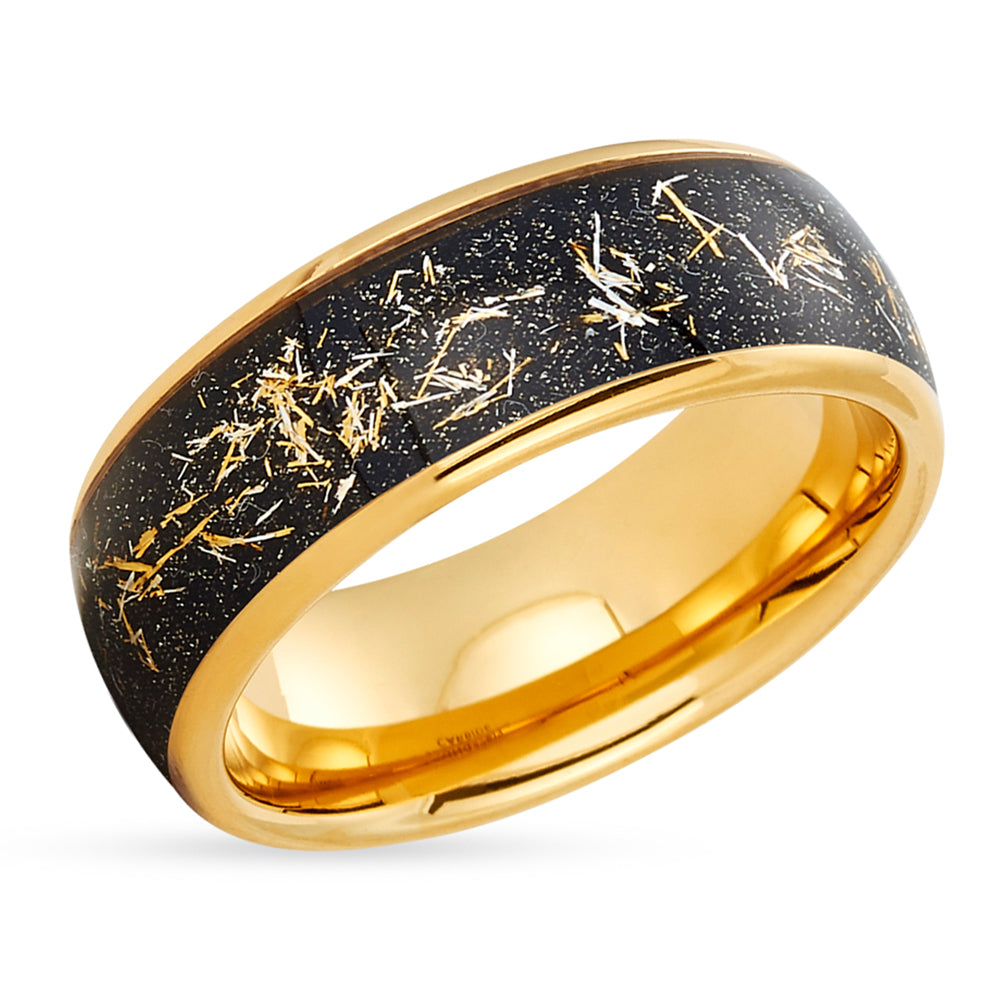 Meteorite Wedding Ring - Yellow Gold Ring - Gold Wedding Band - Tungsten Wedding Ring