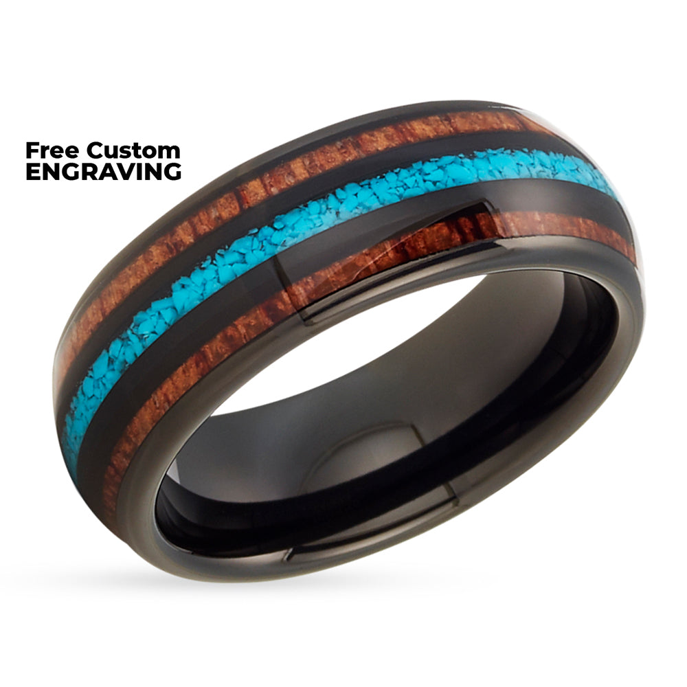 Turquoise Wedding Ring - Black Tungsten Ring - Tungsten Wedding Ring - Koa Wood Ring