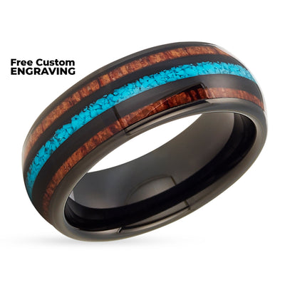 Turquoise Wedding Ring - Black Tungsten Ring - Tungsten Wedding Ring - Koa Wood Ring