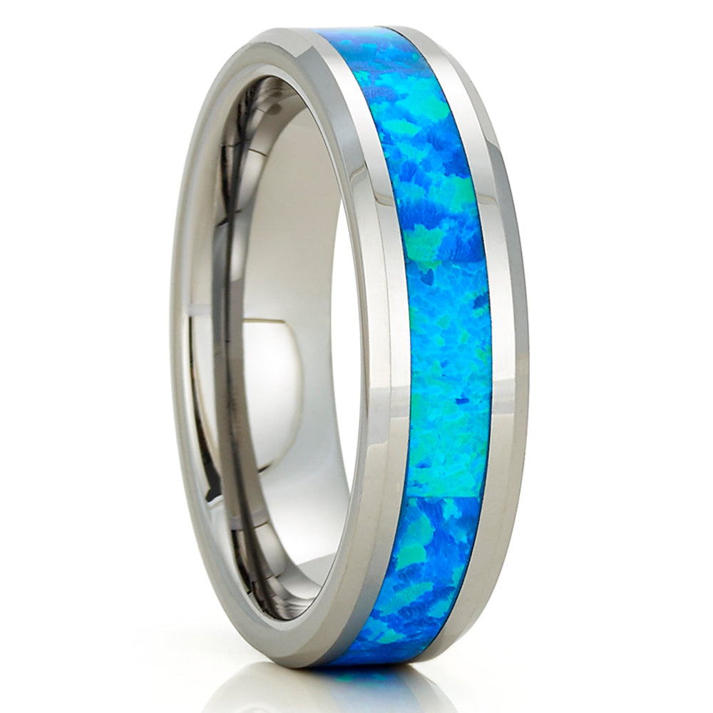 Opal Wedding Ring - Tungsten Wedding Ring - Silver Tungsten Ring - Wedding Ring - Opal Ring