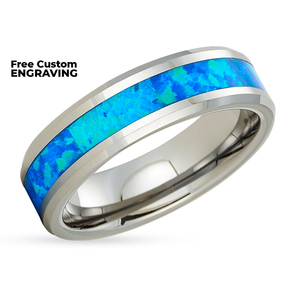 Opal Wedding Ring - Tungsten Wedding Ring - Silver Tungsten Ring - Wedding Ring - Opal Ring