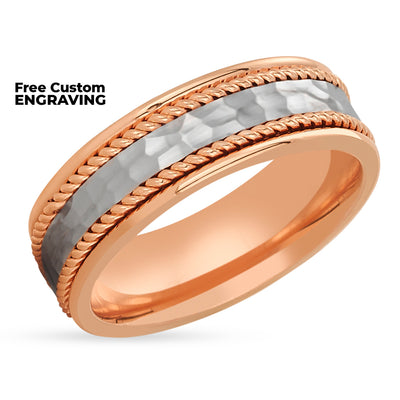 Rose Gold Ring - Gold Wedding Band - 14k Rose Gold Ring - Hammered Wedding Ring - Braid Ring