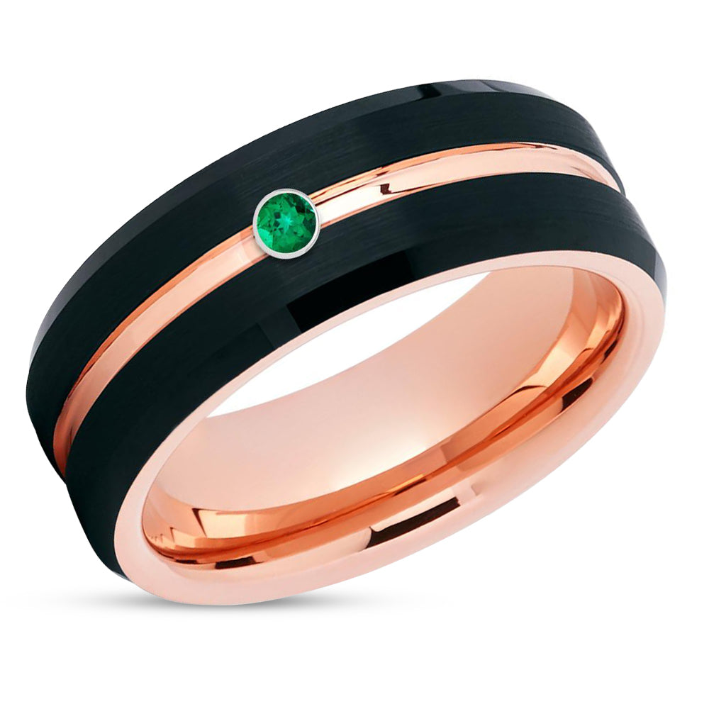 Rose Gold Tungsten Ring - Emerald Tungsten Ring - Black Tungsten Band - Black Band