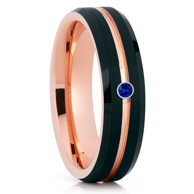 Blue Sapphire Ring - Rose Gold Tungsten Band - Men's Ring - Women's Ring - Clean Casting Jewelry