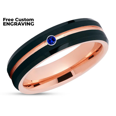Blue Sapphire Ring - Rose Gold Wedding Ring - 18k Rose Gold - Black Wedding Ring