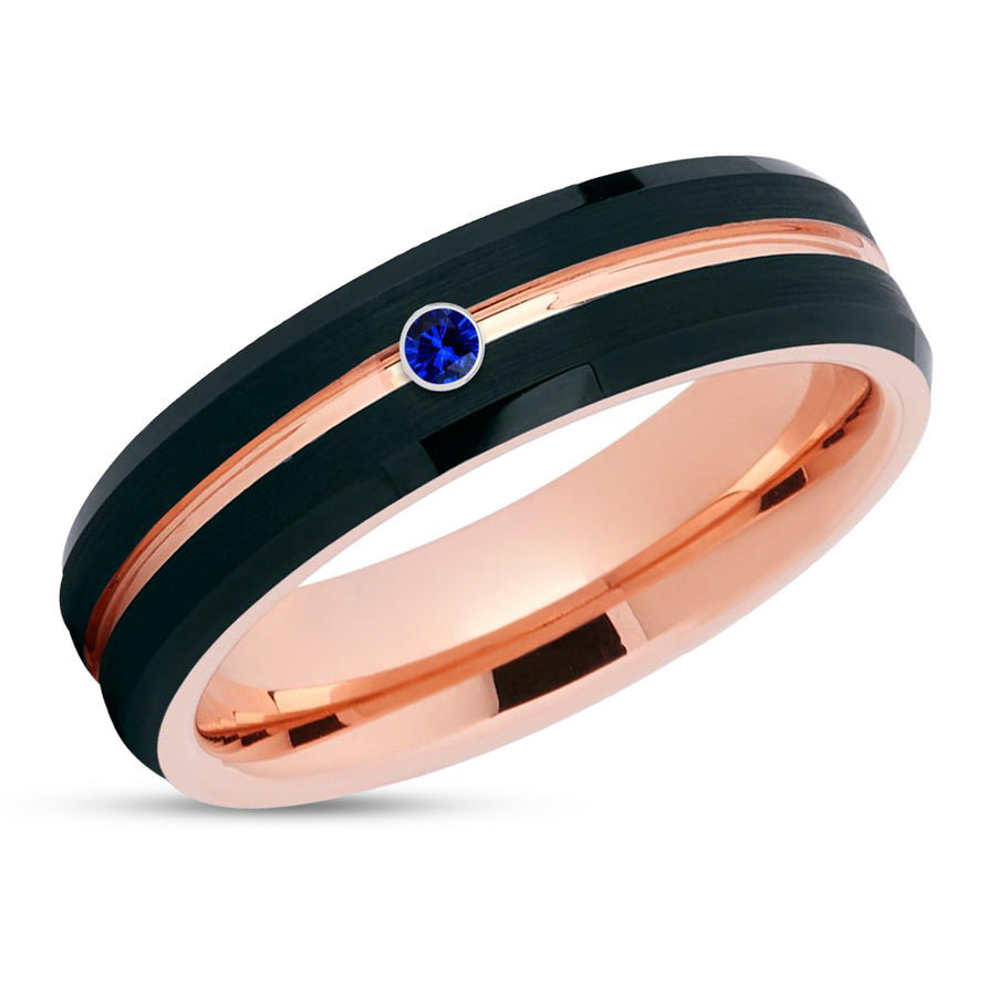 Blue Sapphire Ring - Rose Gold Wedding Ring - 18k Rose Gold - Black Wedding Ring