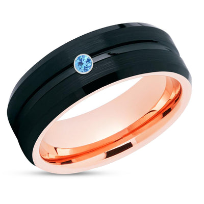Rose Gold Wedding Ring - Black Wedding Ring - Aquamarine Ring Ring - Wedding Ring - Band