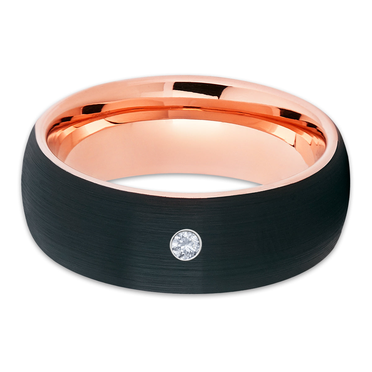 Men's Rose Gold Wedding Band - White Diamond Tungsten Ring - Black Tungsten - Clean Casting Jewelry