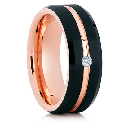 Men's Wedding Band - White Diamond Ring - Rose Gold Tungsten Ring - Black Ring