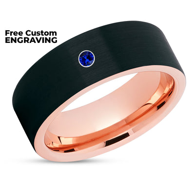 Black Wedding Ring - Rose Gold Wedding Ring - Blue Sapphire Ring - Tungsten Carbide