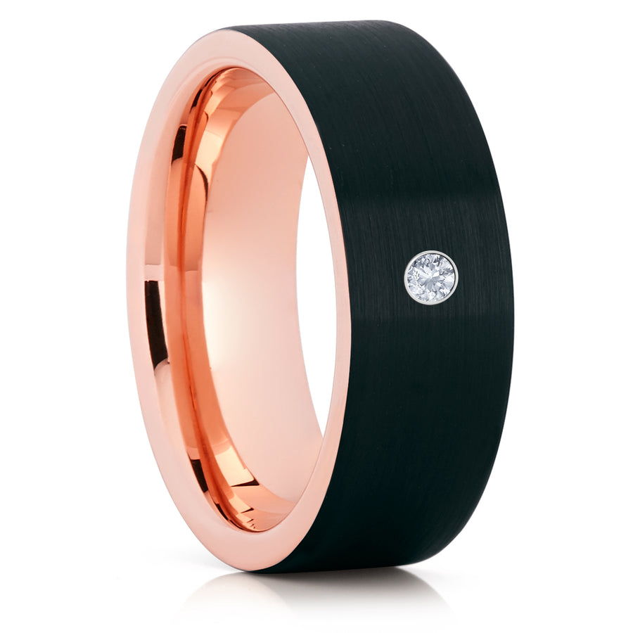 Black Wedding Band - Rose Gold Tungsten Ring - White Diamond Ring - 8mm - Brush - Clean Casting Jewelry 