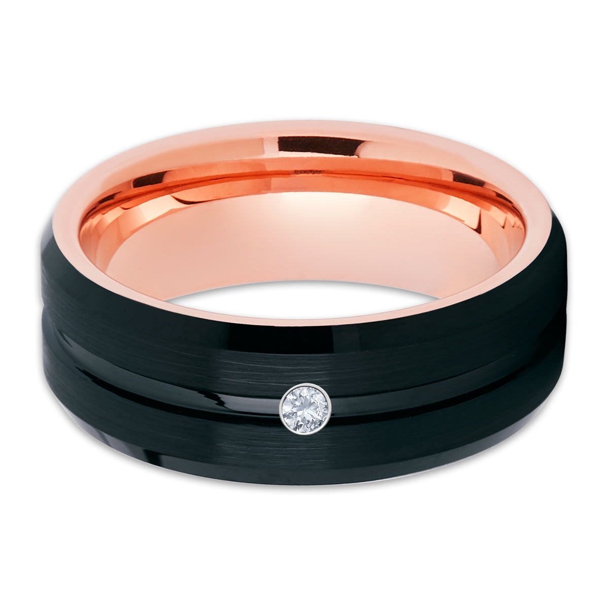 Rose Gold Tungsten Ring - Black Tungsten Ring - White Diamond - Rose Gold Ring