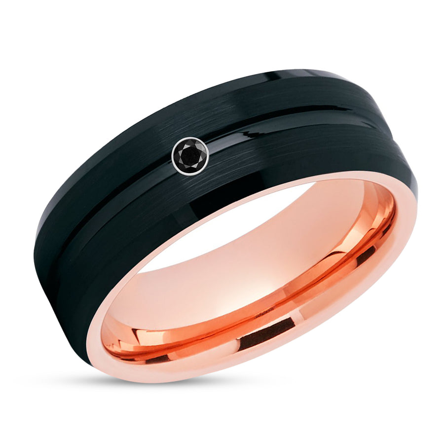 Rose Gold Tungsten Ring - Black Wedding Band - Black Diamond - Men & Women