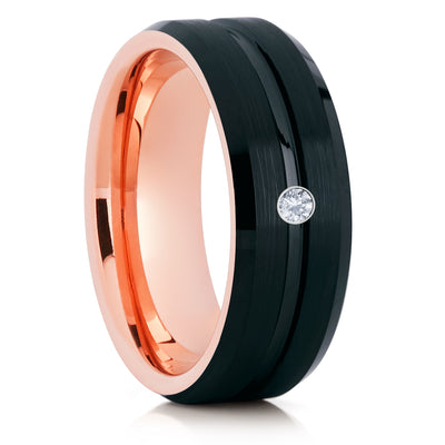 Rose Gold Tungsten Ring - Black Tungsten Ring - White Diamond - Rose Gold Ring