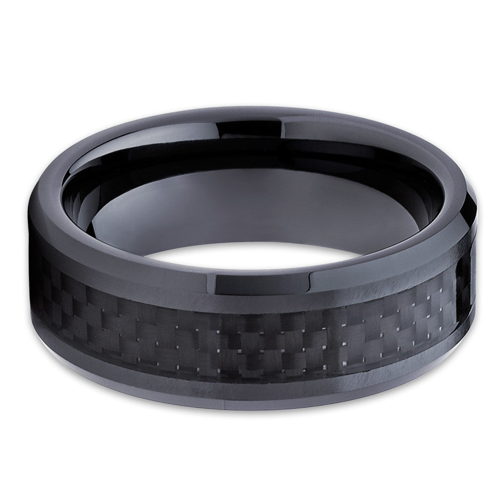 Carbon Fiber Tungsten Ring - Black Tungsten Ring - Wedding Band - 8mm - Clean Casting Jewelry