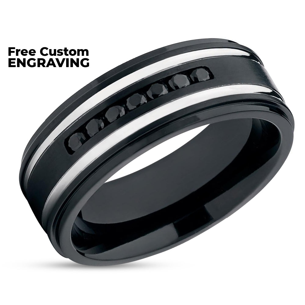 Black Titanium Ring - Men's Wedding Band - CZ Ring - Titanium Ring - Matte